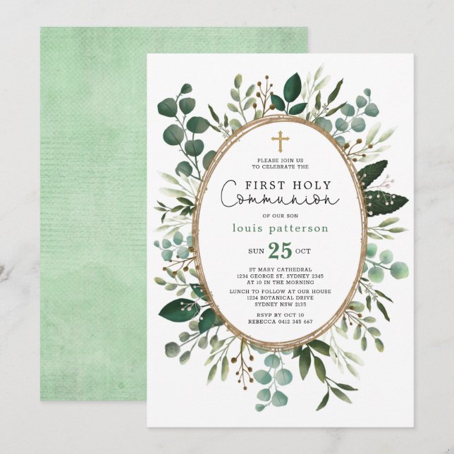 Greenery Eucalyptus Foliage Bouquet Holy Communion Invitation (Front/Back)