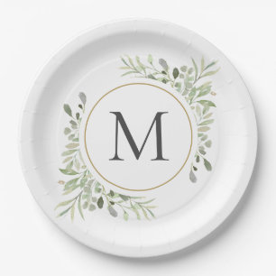 Greenery Eucalyptus Foliage Monogram Paper Plate