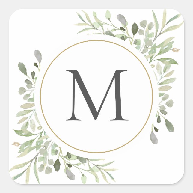 Greenery Eucalyptus Foliage Monogram Square Sticker (Front)