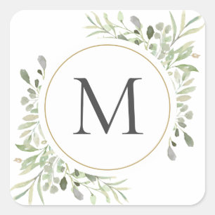 Greenery Eucalyptus Foliage Monogram Square Sticker