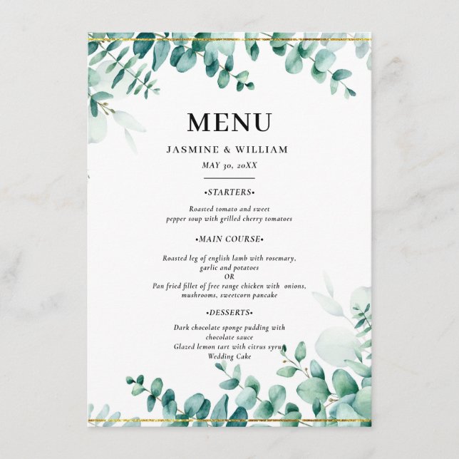 Greenery Eucalyptus Frameborder Wedding Menu (Front)