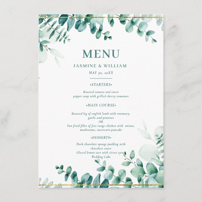 Greenery Eucalyptus Frameborder Wedding Menu (Front)