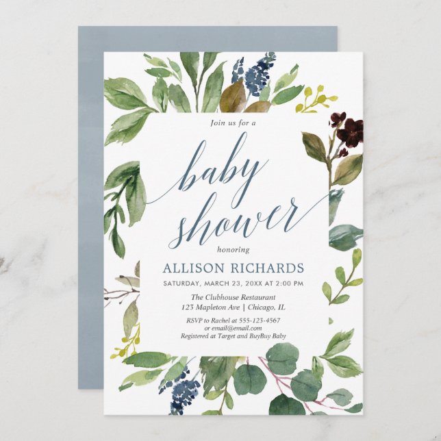 Greenery eucalyptus gender neutral baby shower invitation (Front/Back)