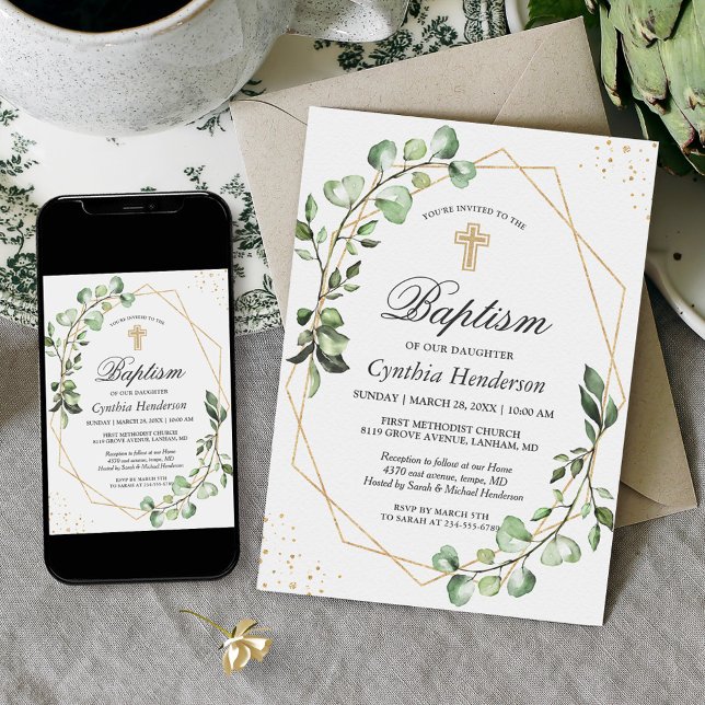 Greenery Eucalyptus Geometric Baptism Christening Invitation (Creator Uploaded)