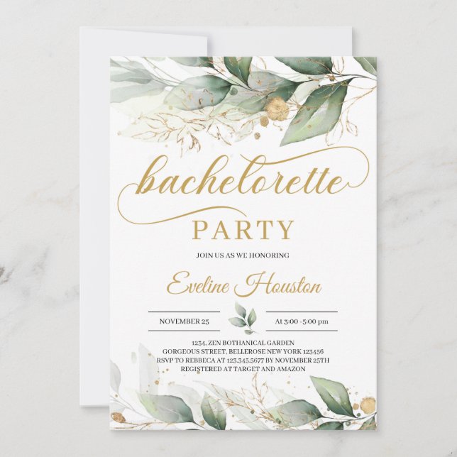 Greenery eucalyptus gold floral bachelorette invitation (Front)