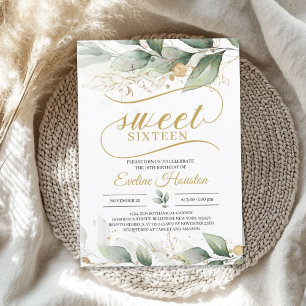 Greenery eucalyptus gold leaves boho sweet sixteen invitation