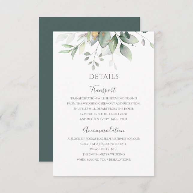 Greenery Eucalyptus Gold Leaves Elegant Wedding Enclosure Card (Front/Back)