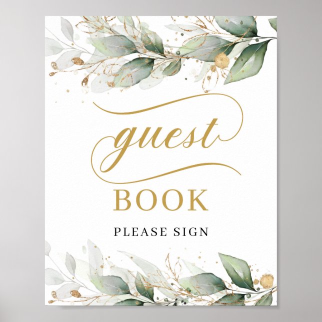 Greenery eucalyptus gold leaves guest book sign (Front)
