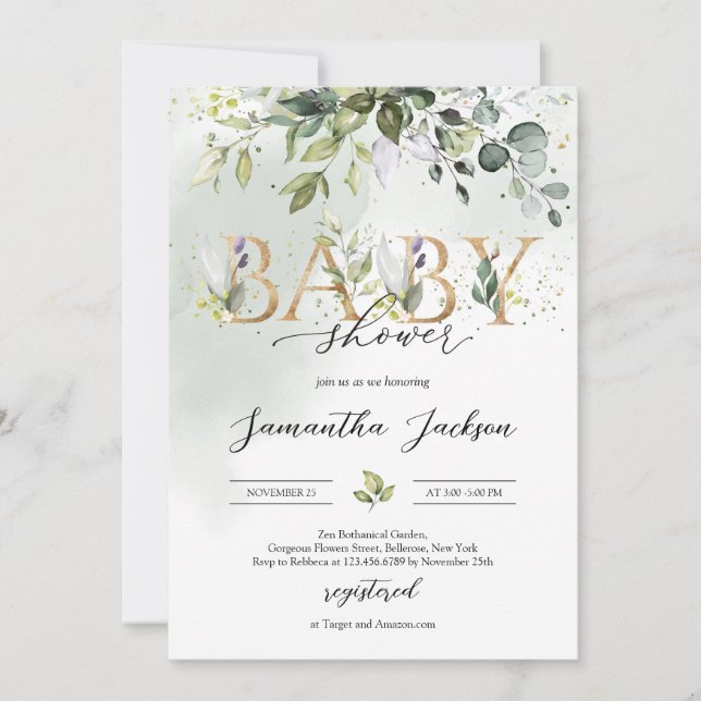 Greenery eucalyptus gold letters boho baby shower invitation (Front)