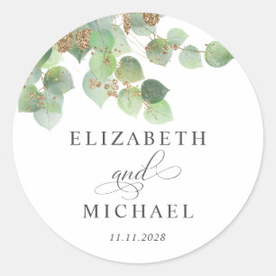 Greenery Eucalyptus Gold Watercolor Wedding Classic Round Sticker