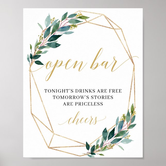 Greenery eucalyptus gold wedding open bar sign (Front)