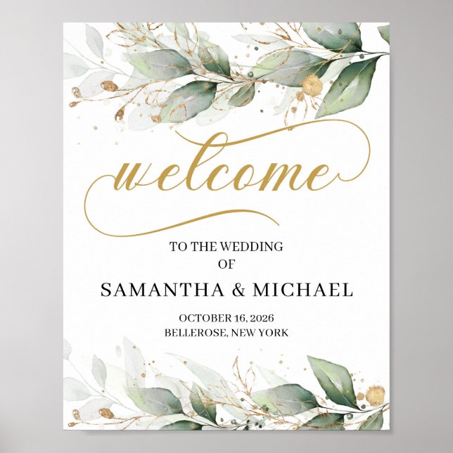 Greenery eucalyptus gold wedding welcome sign (Front)