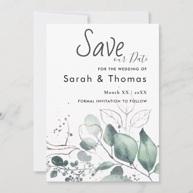 GREENERY EUCALYPTUS GREEN WATERCOLOR SAVE OUR DATE ANNOUNCEMENT (Front)