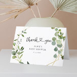 Greenery Eucalyptus Heart Calligraphy Baby Shower Thank You Card<br><div class="desc">Baby Shower thank you card features greenery eucalyptus leaves on a modern geometric frame and script calligraphy with a heart.</div>