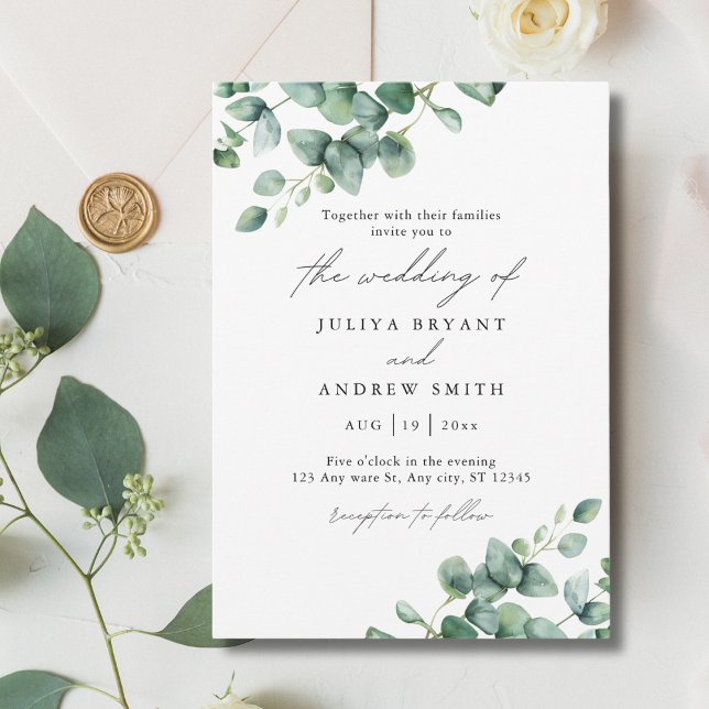  Greenery Eucalyptus in white script wedding Invitation (Creator Uploaded)