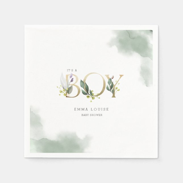Greenery Eucalyptus It's A Boy Baby Shower Napkin (Front)