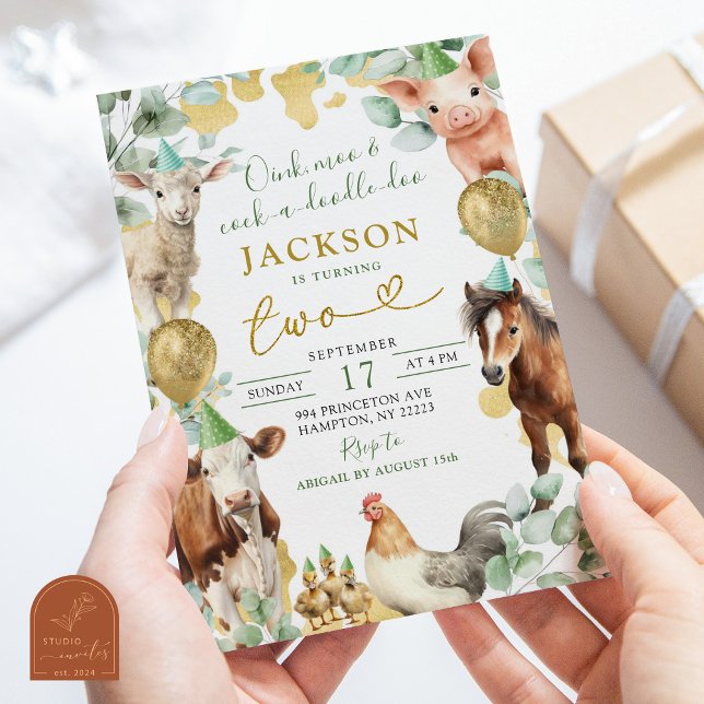 Greenery Eucalyptus Leaf Farm Animal Boy Birthday Invitation (Creator Uploaded)