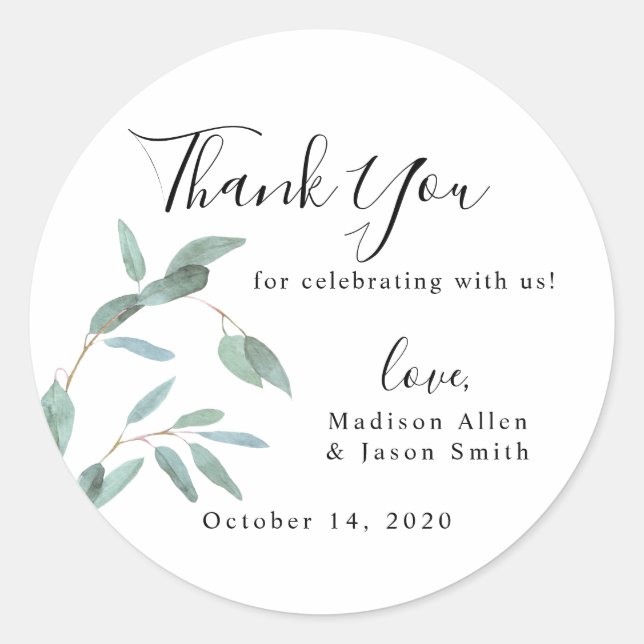 Greenery Eucalyptus Leaf Simple Wedding Thank You Classic Round Sticker (Front)