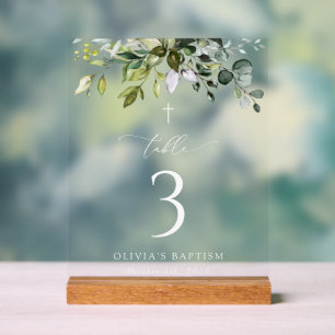 Greenery, Eucalyptus Leaves, Baptism Table Numbers Acrylic Sign