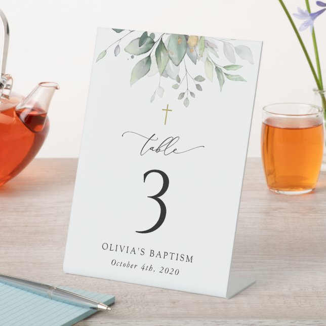 Greenery, Eucalyptus Leaves, Baptism Table Numbers Pedestal Sign (In SItu)