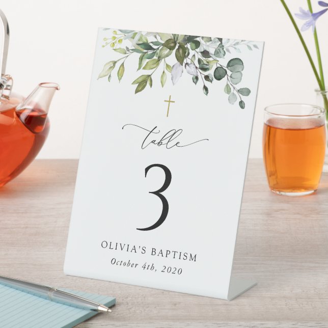 Greenery, Eucalyptus Leaves, Baptism Table Numbers Pedestal Sign (In SItu)