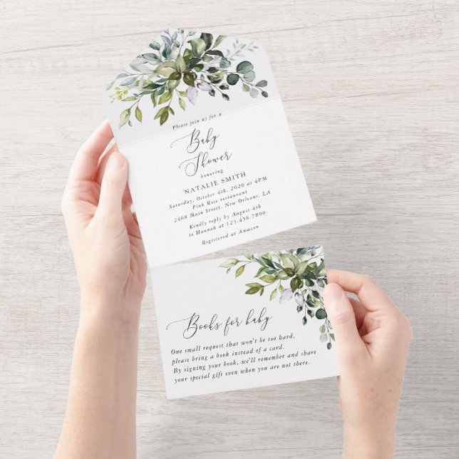 Greenery, Eucalyptus Leaves, Boho, Baby Shower All In One Invitation (Tearaway)