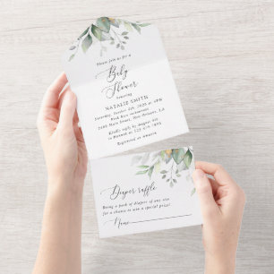 Greenery, Eucalyptus Leaves, Boho, Baby Shower All In One Invitation