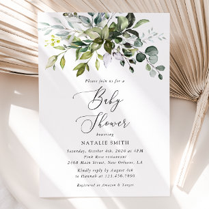 Greenery, Eucalyptus Leaves, Boho, Baby Shower Invitation