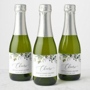 Greenery, Eucalyptus Leaves, Boho, Baby Shower Sparkling Wine Label