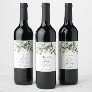 Greenery, Eucalyptus Leaves, Boho, Baby Shower Wine Label