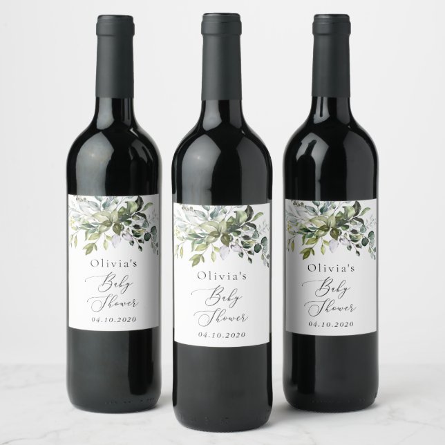Greenery, Eucalyptus Leaves, Boho, Baby Shower Wine Label (Bottles)