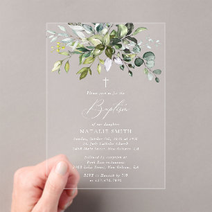 Greenery, Eucalyptus Leaves, Boho, Baptism Acrylic Invitations