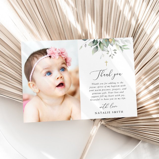 Greenery, Eucalyptus Leaves, Boho, Baptism Thank You Card (Creator Uploaded)