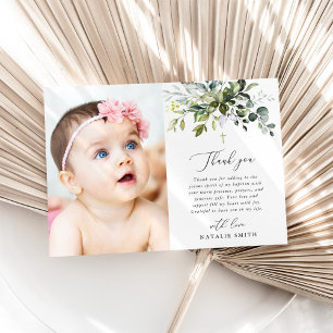 Greenery, Eucalyptus Leaves, Boho, Baptism Thank You Card