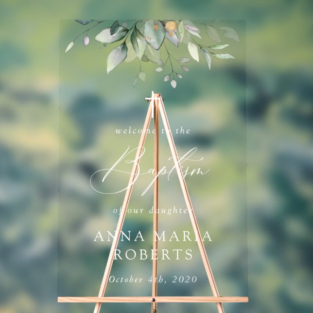 Greenery, Eucalyptus Leaves, Boho, Baptism Welcome Acrylic Sign (Neutral)