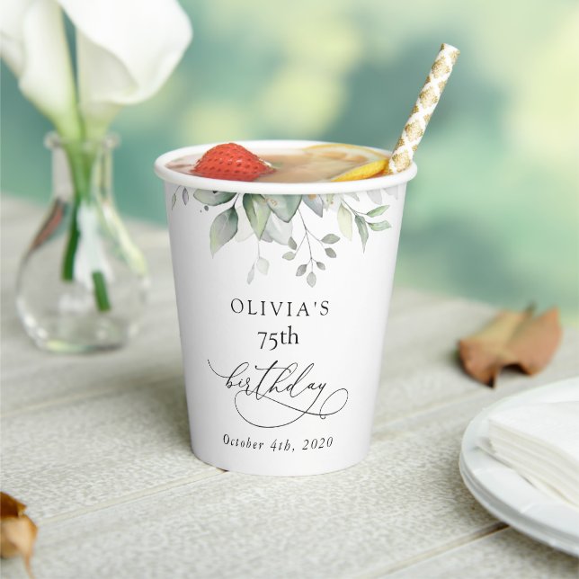 Greenery, Eucalyptus Leaves, Boho, Birthday Paper Cups (Insitu)