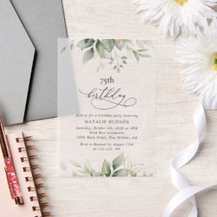 Greenery, Eucalyptus Leaves, Boho, Birthday Vellum Invitations
