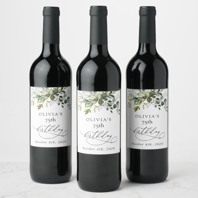 Greenery, Eucalyptus Leaves, Boho, Birthday Wine Label (Bottles)