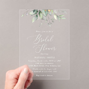 Greenery, Eucalyptus Leaves, Boho, Bridal Shower Acrylic Invitations