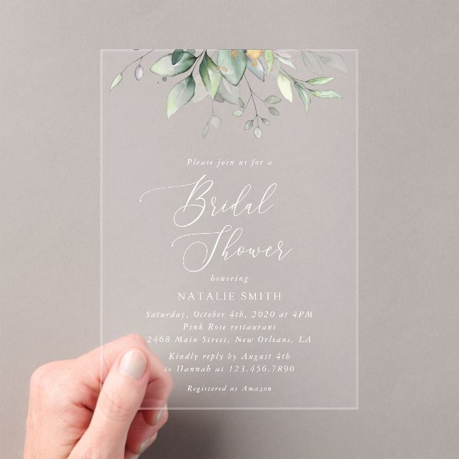 Greenery, Eucalyptus Leaves, Boho, Bridal Shower Acrylic Invitations (Insitu (Handheld))