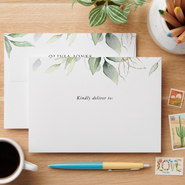 Greenery, Eucalyptus Leaves, Boho, Bridal Shower Envelope (Desk)