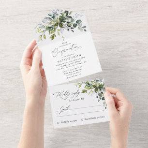 Greenery, Eucalyptus Leaves, Boho, Confirmation All In One Invitation