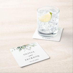Greenery, Eucalyptus Leaves, Botanical Wedding Square Paper Coaster