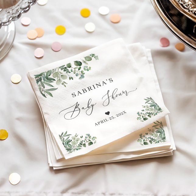 Greenery Eucalyptus Leaves Chic Baby Shower Napkin (Creator Uploaded)