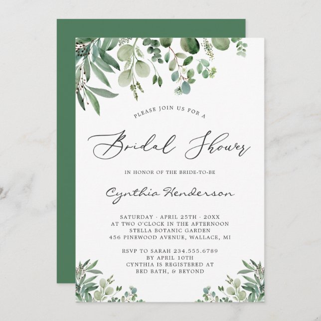 Greenery Eucalyptus Leaves Classy Bridal Shower Invitation (Front/Back)
