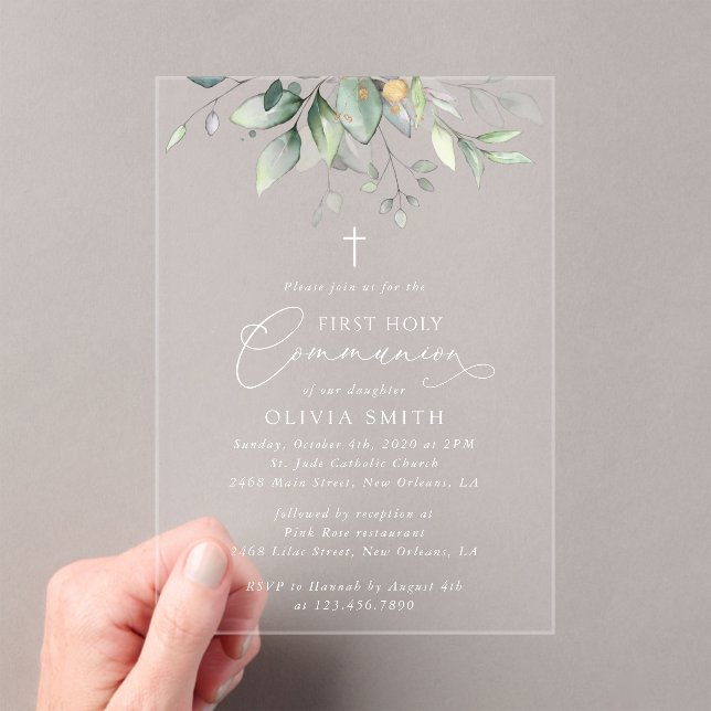 Greenery, Eucalyptus Leaves, First Holy Communion Acrylic Invitations (Insitu (Handheld))