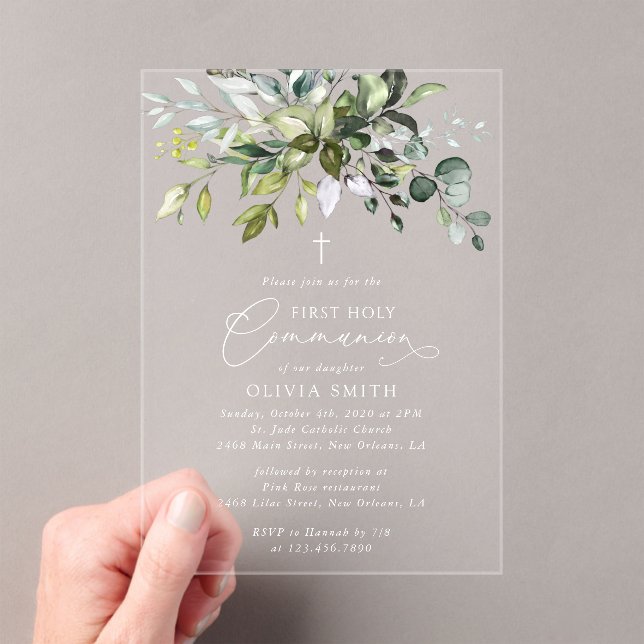 Greenery, Eucalyptus Leaves, First Holy Communion Acrylic Invitations (Insitu (Handheld))