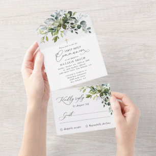 Greenery, Eucalyptus Leaves, First Holy Communion All In One Invitation