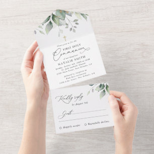 Greenery, Eucalyptus Leaves, First Holy Communion All In One Invitation