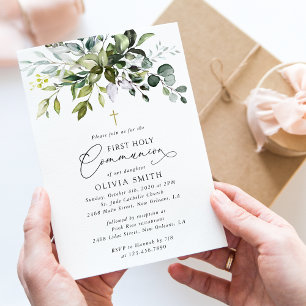 Greenery, Eucalyptus Leaves, First Holy Communion Invitation